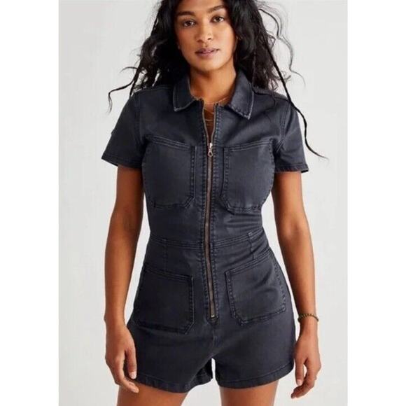 Free People Pants - NWT Free People CRVY Lennox Shortsuit Romper Dark Gray Denim, Zip-Up, Size 8